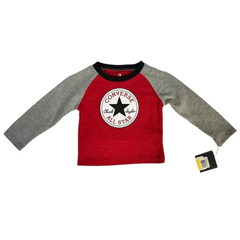 Converse Chuck Taylor Raglan Shirt Toddler 18M Red Gray Long Sleeve Graphic Logo